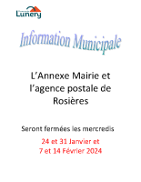 Fermeture Annexe et APC Rosières du 24.01 au 14.02 2024